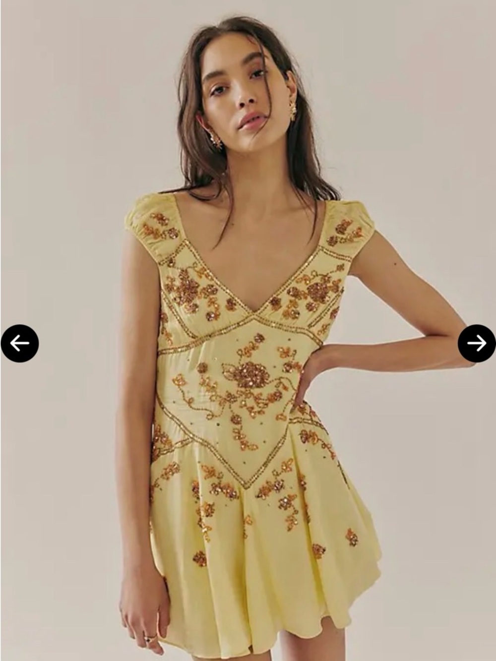 Free People Bali Juliet embroidered Embellished yellow V-Neck Mini Dress